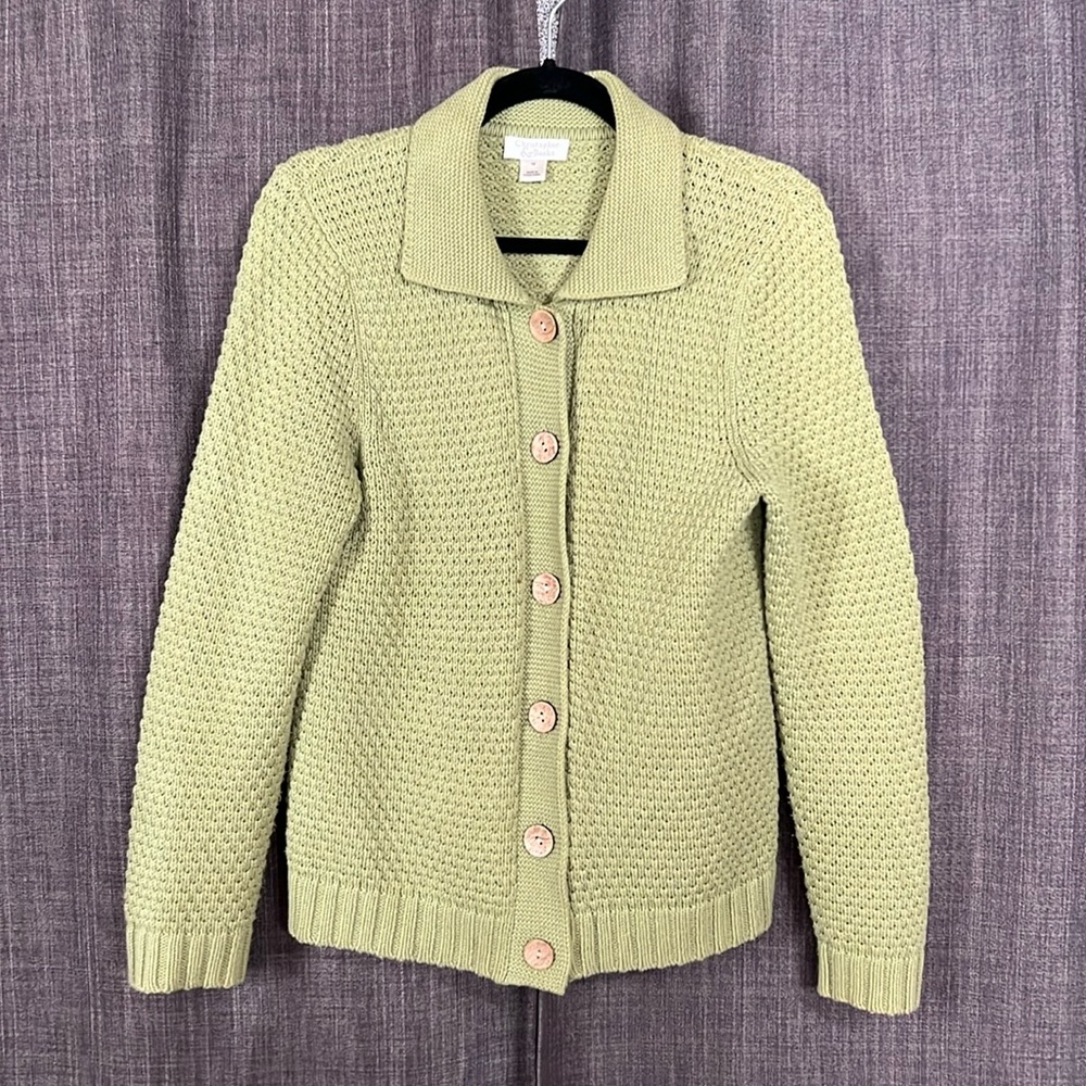Christopher & Banks green knit sweater with big chunky buttons collared medium